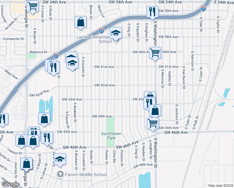 map of restaurants, bars, coffee shops, grocery stores, and more near 4216 Cline Road in Amarillo
