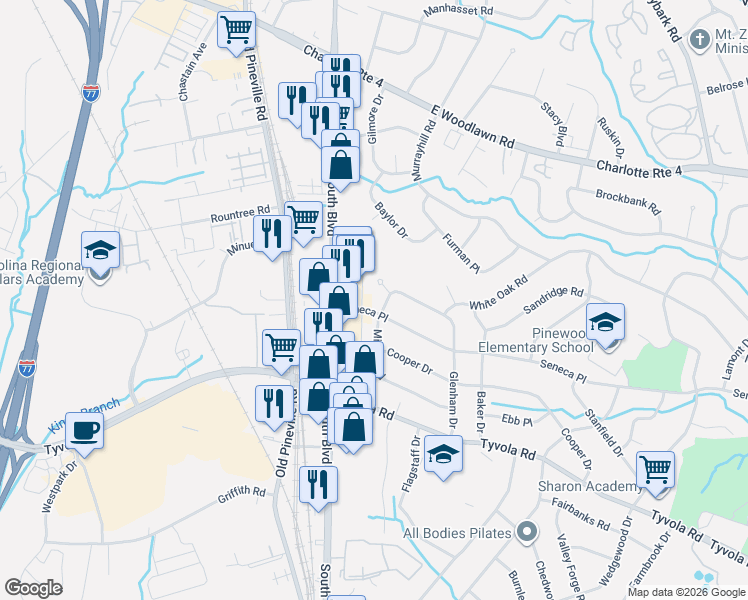 map of restaurants, bars, coffee shops, grocery stores, and more near 5200 Milford Road in Charlotte