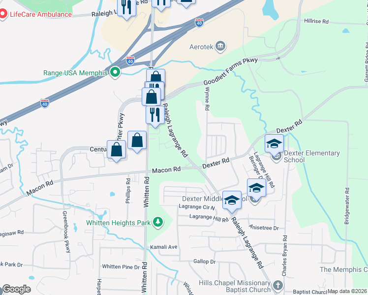 map of restaurants, bars, coffee shops, grocery stores, and more near 6882 Raleigh Lagrange Road in Memphis