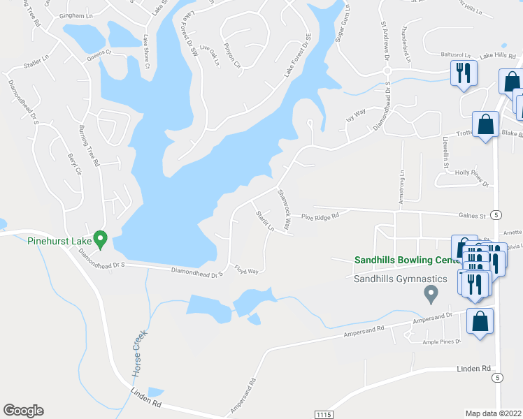 map of restaurants, bars, coffee shops, grocery stores, and more near 1 Starlit Court in Pinehurst