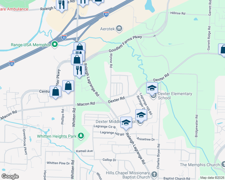 map of restaurants, bars, coffee shops, grocery stores, and more near 6910 Raleigh Lagrange Road in Memphis