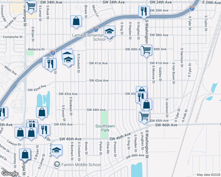 map of restaurants, bars, coffee shops, grocery stores, and more near 4216 Cline Road in Amarillo