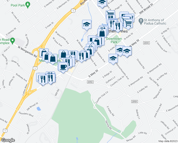 map of restaurants, bars, coffee shops, grocery stores, and more near 570 South May Street in Southern Pines