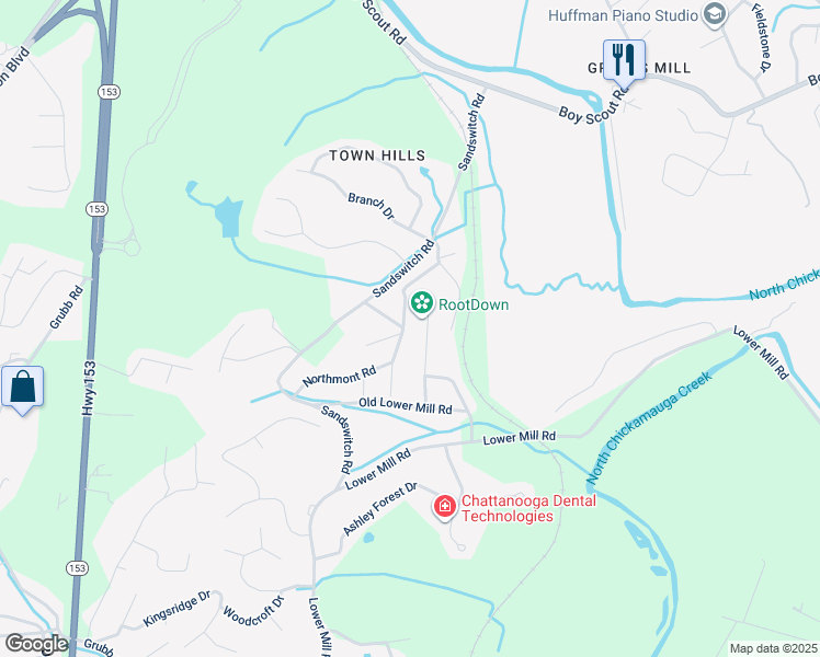map of restaurants, bars, coffee shops, grocery stores, and more near 6624 Hillbrook Lane in Chattanooga