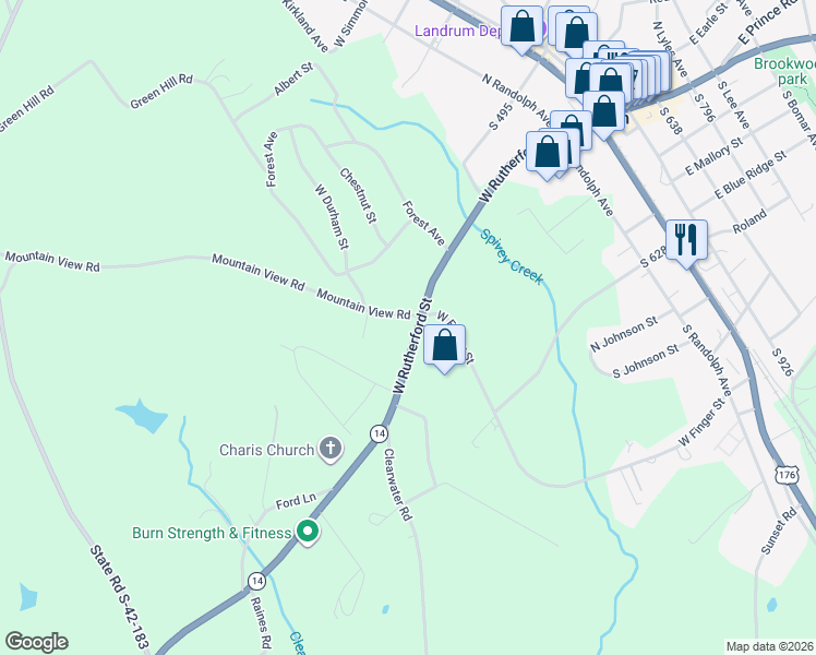 map of restaurants, bars, coffee shops, grocery stores, and more near 500 West Rutherford Street in Landrum