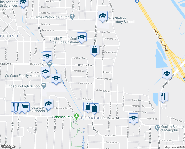 map of restaurants, bars, coffee shops, grocery stores, and more near 1341 Wells Station Road in Memphis