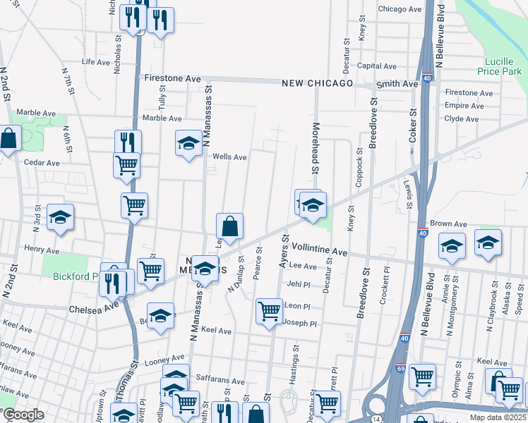 map of restaurants, bars, coffee shops, grocery stores, and more near 1011 Pearce Street in Memphis