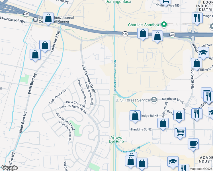 map of restaurants, bars, coffee shops, grocery stores, and more near 1432 Bridle Wood Road Northeast in Albuquerque