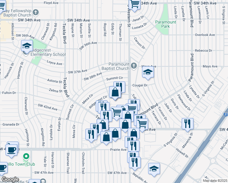 map of restaurants, bars, coffee shops, grocery stores, and more near 4310 South Western Street in Amarillo