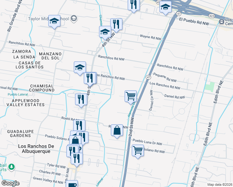 map of restaurants, bars, coffee shops, grocery stores, and more near 230 La Cienega Lane Northwest in Albuquerque