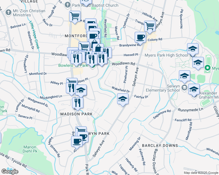 map of restaurants, bars, coffee shops, grocery stores, and more near 4607 Hedgemore Drive in Charlotte