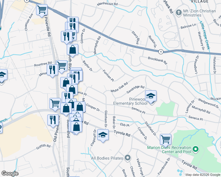 map of restaurants, bars, coffee shops, grocery stores, and more near 5111 Baker Drive in Charlotte