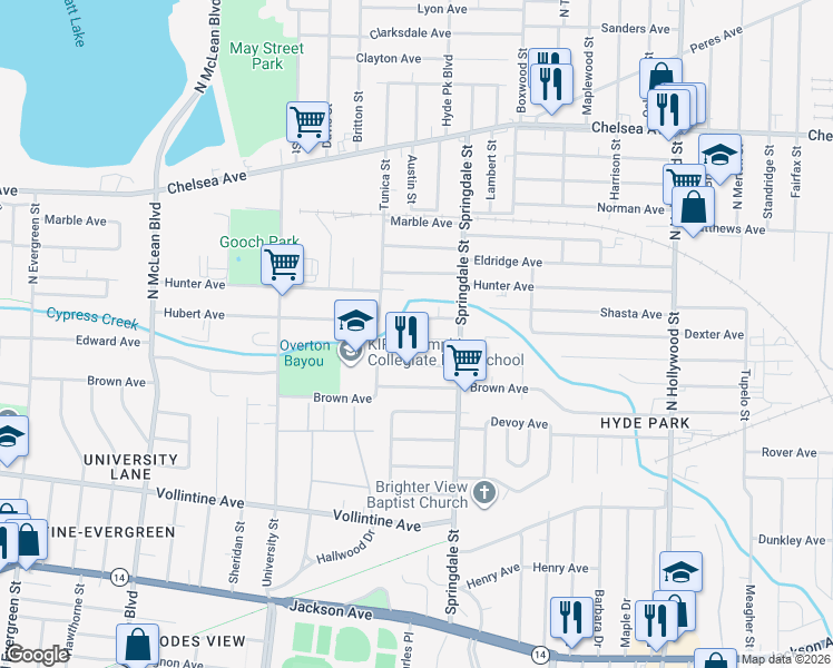 map of restaurants, bars, coffee shops, grocery stores, and more near 2172 Howell Avenue in Memphis