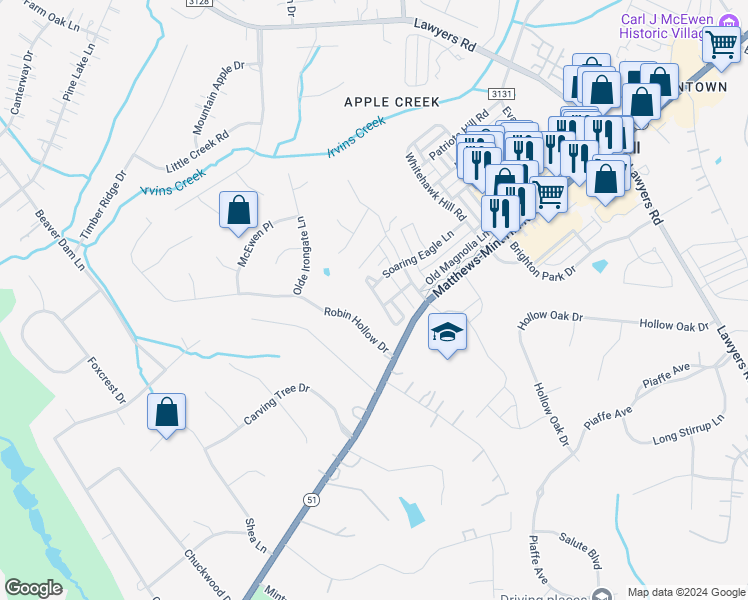 map of restaurants, bars, coffee shops, grocery stores, and more near 10313 Misty Moss Court in Mint Hill