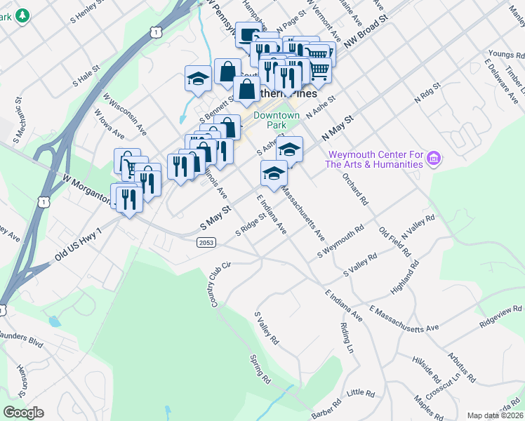 map of restaurants, bars, coffee shops, grocery stores, and more near 455 South Ridge Street in Southern Pines