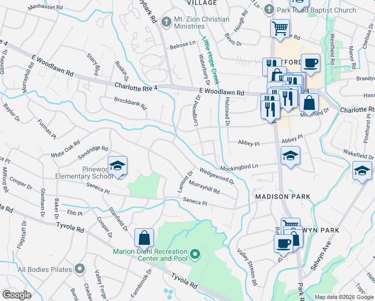 map of restaurants, bars, coffee shops, grocery stores, and more near 5640 Wedgewood Drive in Charlotte