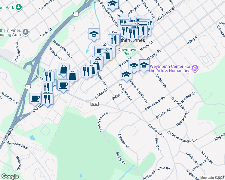 map of restaurants, bars, coffee shops, grocery stores, and more near 325 East Illinois Avenue in Southern Pines