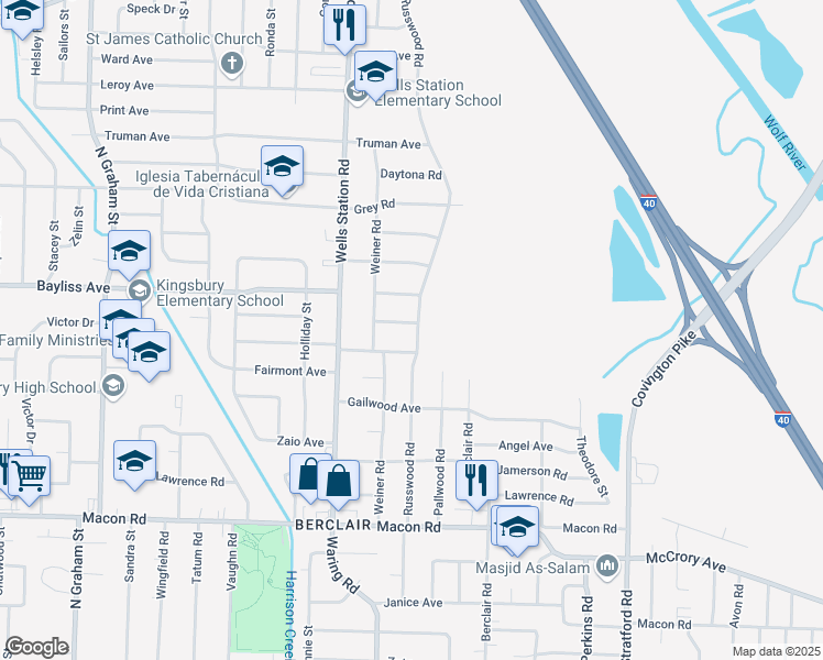 map of restaurants, bars, coffee shops, grocery stores, and more near 4389 Riviera Drive in Memphis