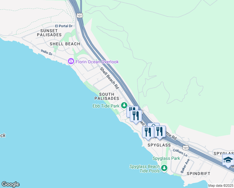 map of restaurants, bars, coffee shops, grocery stores, and more near 129 North Silver Shoals Drive in Pismo Beach