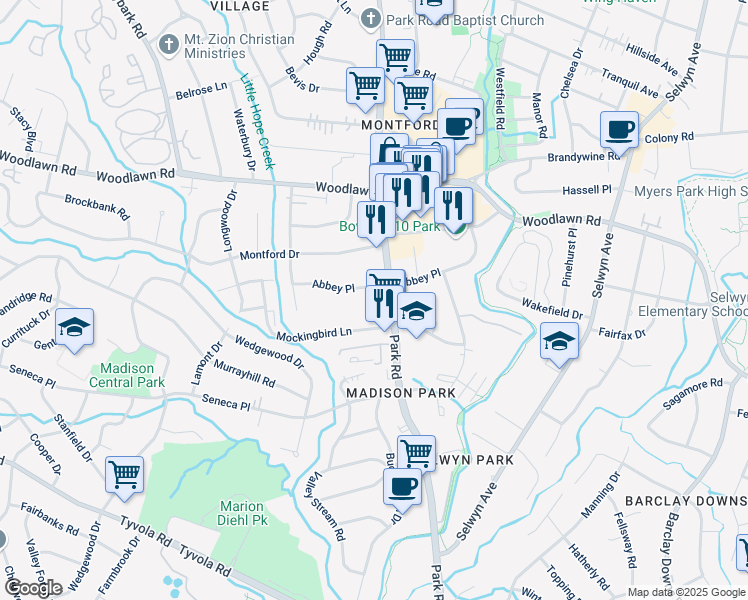 map of restaurants, bars, coffee shops, grocery stores, and more near 4530 Park Road in Charlotte