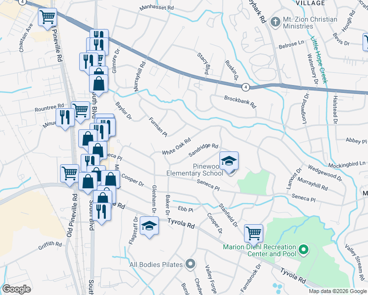 map of restaurants, bars, coffee shops, grocery stores, and more near 4932 White Oak Road in Charlotte