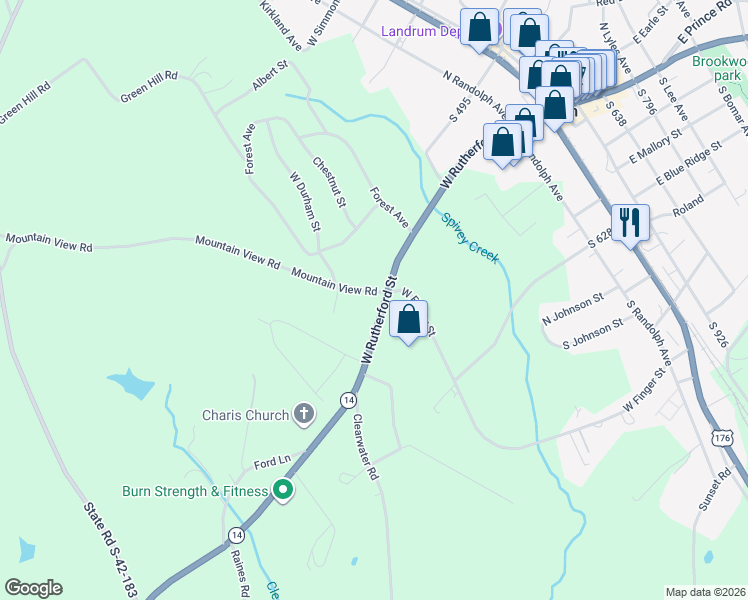 map of restaurants, bars, coffee shops, grocery stores, and more near 500 West Rutherford Street in Landrum
