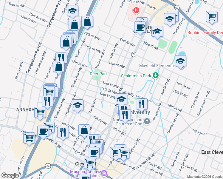 map of restaurants, bars, coffee shops, grocery stores, and more near 230 14th Street Northwest in Cleveland