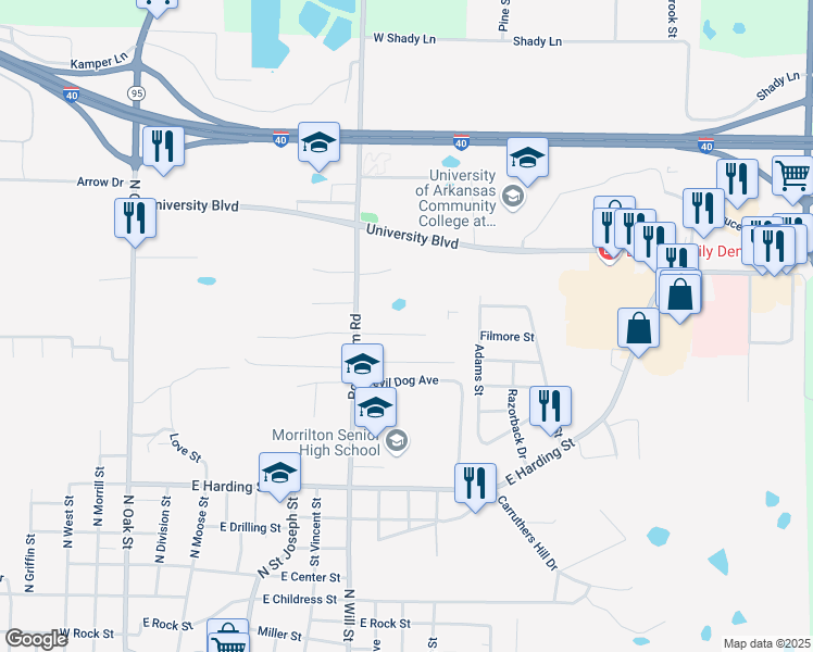 map of restaurants, bars, coffee shops, grocery stores, and more near 803 Brookridge Lane in Morrilton