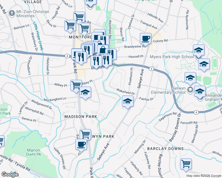 map of restaurants, bars, coffee shops, grocery stores, and more near 319 Wakefield Drive in Charlotte