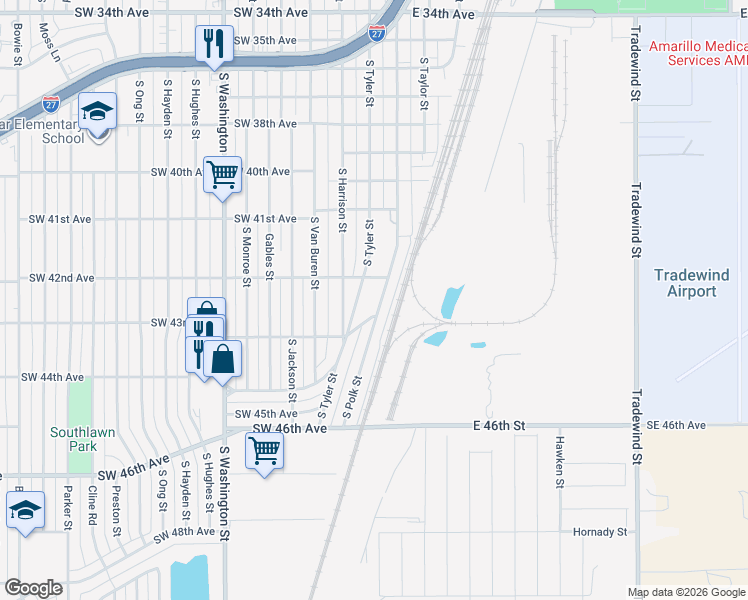map of restaurants, bars, coffee shops, grocery stores, and more near 4201 South Tyler Street in Amarillo