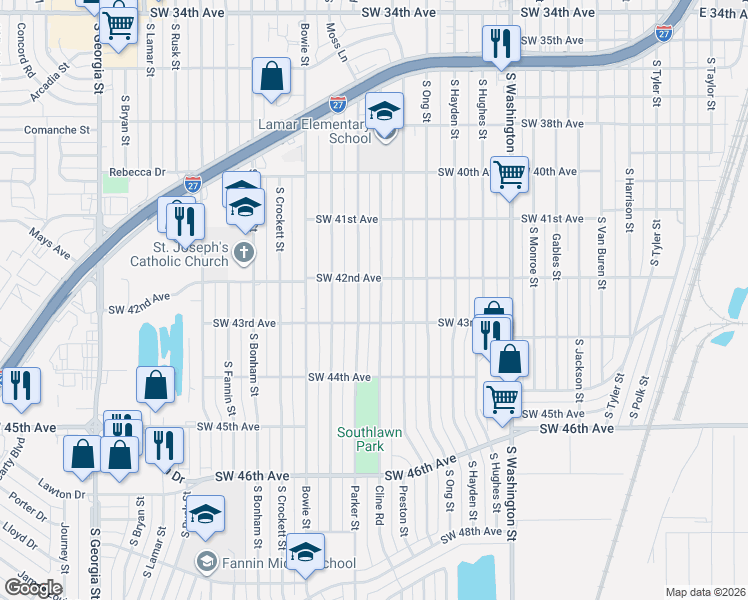 map of restaurants, bars, coffee shops, grocery stores, and more near 4200 Cline Road in Amarillo