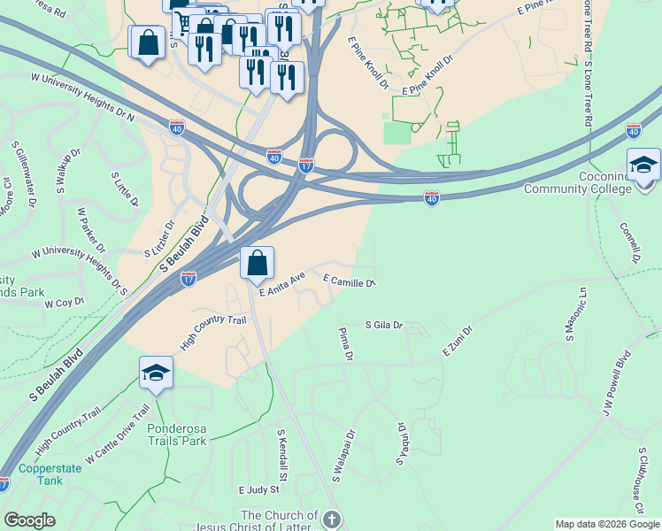 map of restaurants, bars, coffee shops, grocery stores, and more near 3115 Victoria Way in Flagstaff