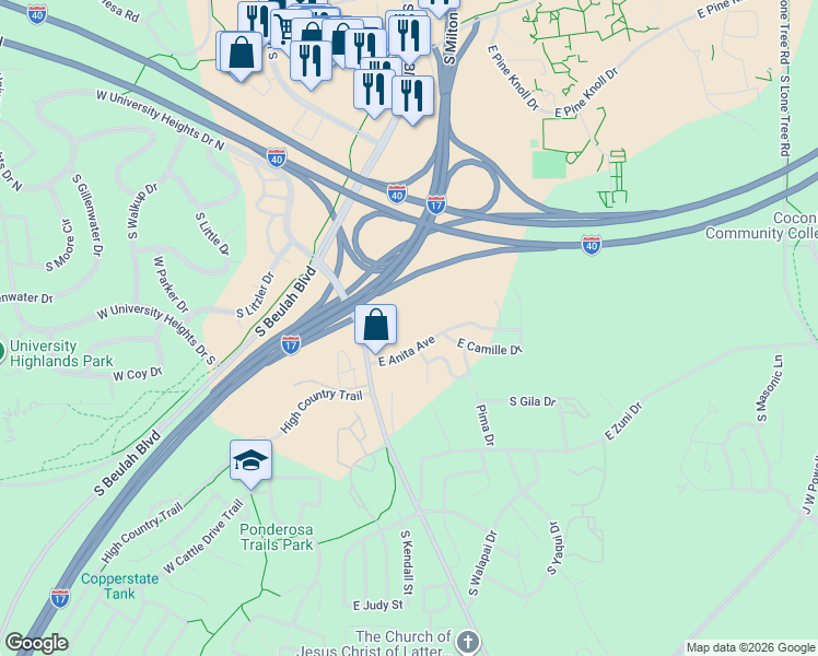 map of restaurants, bars, coffee shops, grocery stores, and more near 3400 Lake Mary Road in Flagstaff