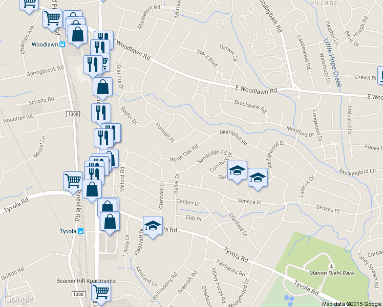 map of restaurants, bars, coffee shops, grocery stores, and more near 4932 White Oak Road in Charlotte
