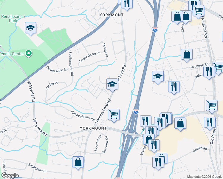 map of restaurants, bars, coffee shops, grocery stores, and more near 5746 Nations Ford Road in Charlotte