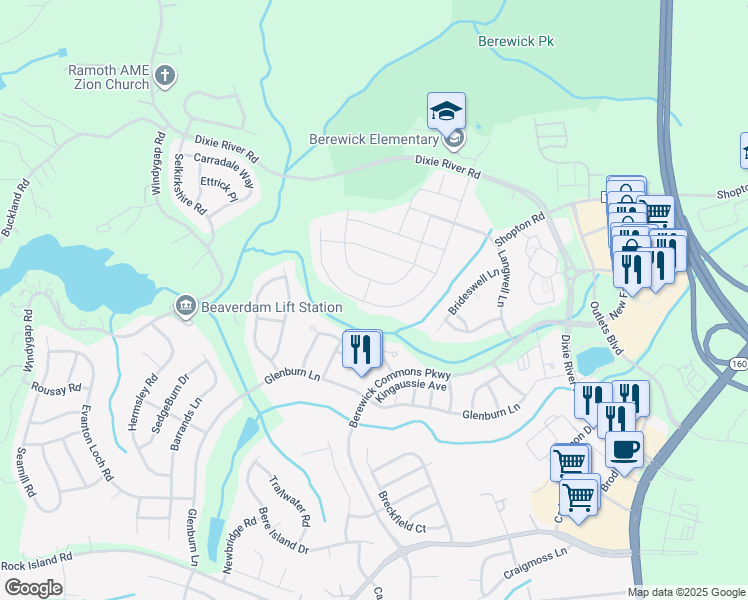 map of restaurants, bars, coffee shops, grocery stores, and more near 7458 Hamilton Bridge Road in Charlotte