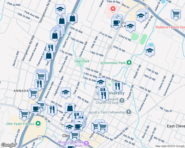 map of restaurants, bars, coffee shops, grocery stores, and more near 250 15th Street Northwest in Cleveland