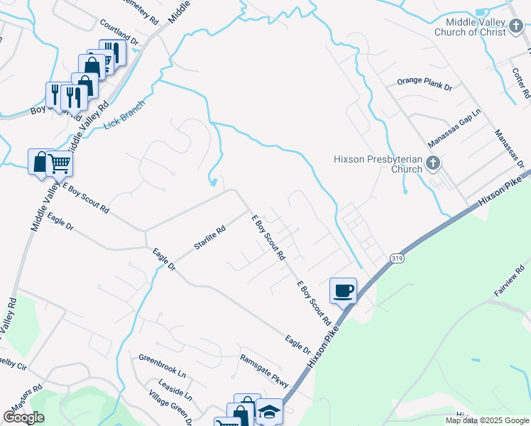 map of restaurants, bars, coffee shops, grocery stores, and more near 6701 Dixieland Drive in Chattanooga