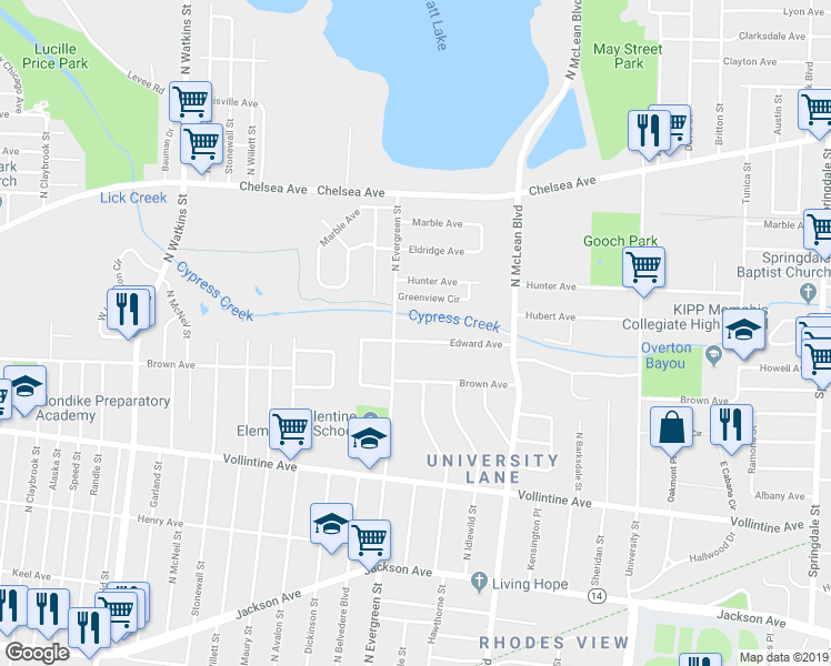 map of restaurants, bars, coffee shops, grocery stores, and more near 1721 Greenview Circle in Memphis