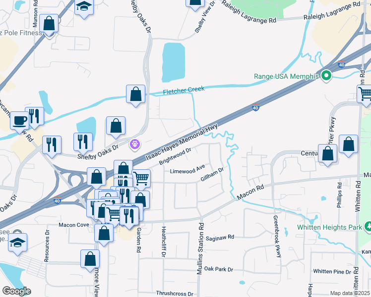 map of restaurants, bars, coffee shops, grocery stores, and more near 6338 Brightwood Drive in Memphis