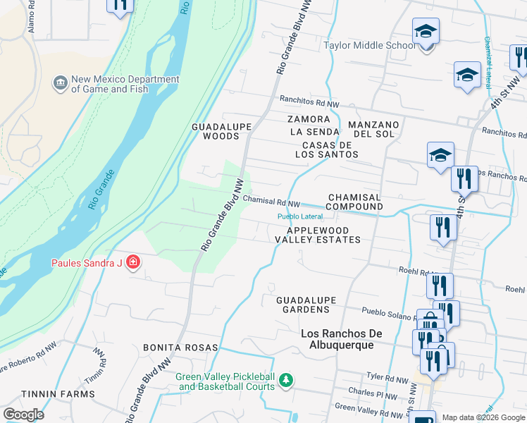 map of restaurants, bars, coffee shops, grocery stores, and more near 917 Chamisal Road Northwest in Los Ranchos de Albuquerque