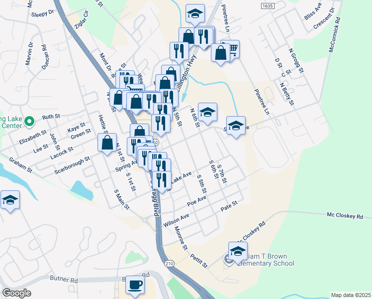 map of restaurants, bars, coffee shops, grocery stores, and more near 108 South 5th Street in Spring Lake