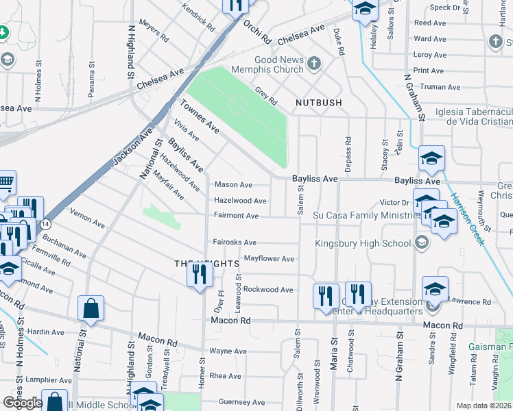 map of restaurants, bars, coffee shops, grocery stores, and more near 3737 Mason Avenue in Memphis