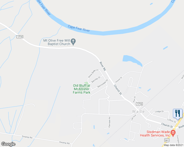 map of restaurants, bars, coffee shops, grocery stores, and more near 5300 Anna Belle Lane in Wade