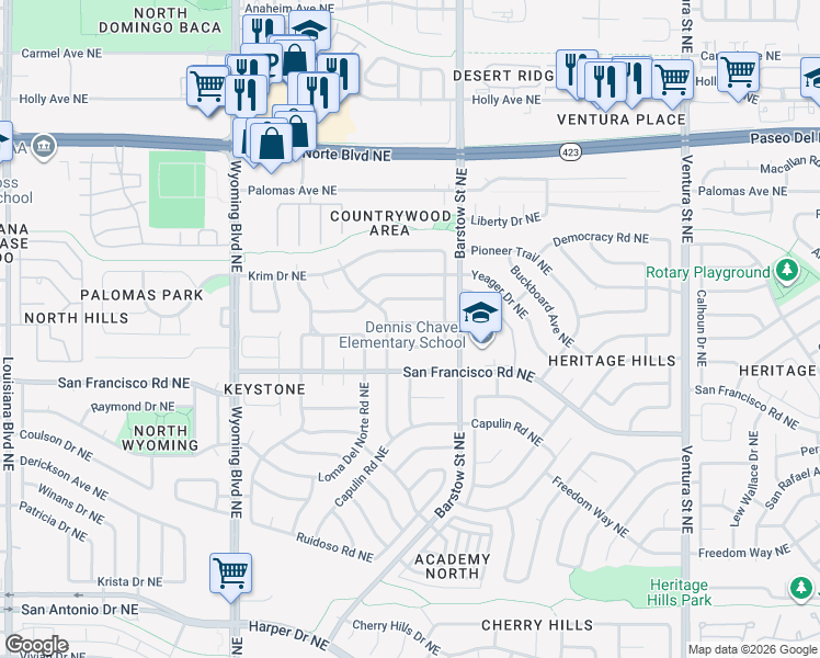 map of restaurants, bars, coffee shops, grocery stores, and more near 8300 Sprenger Drive Northeast in Albuquerque