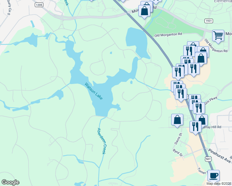 map of restaurants, bars, coffee shops, grocery stores, and more near 8 Pointe Verra Drive in Pinehurst