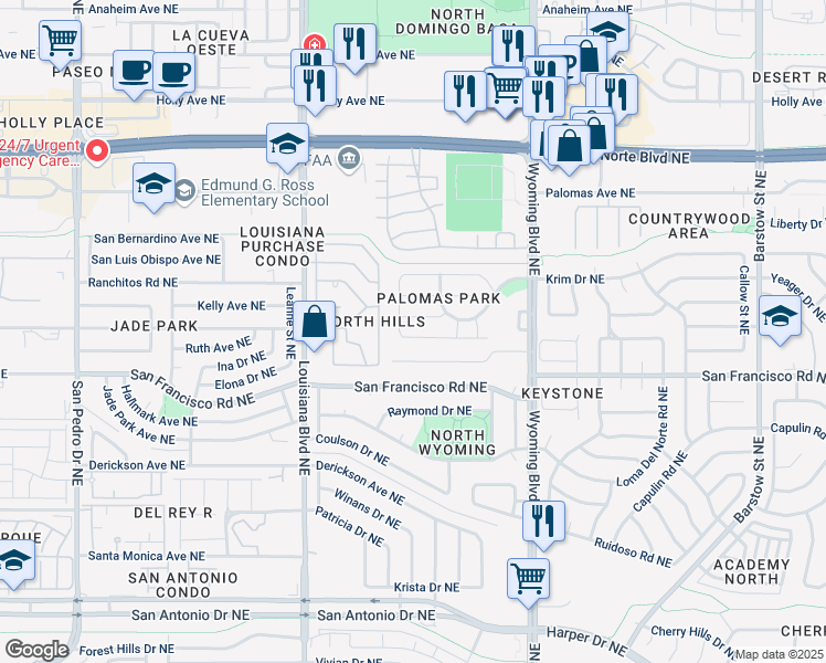 map of restaurants, bars, coffee shops, grocery stores, and more near 7215 Capitan Avenue Northeast in Albuquerque