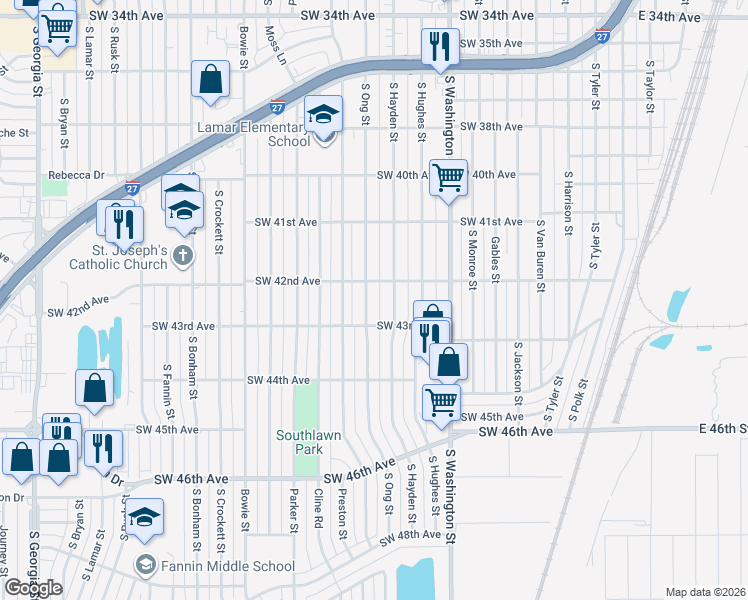 map of restaurants, bars, coffee shops, grocery stores, and more near 4209 South Ong Street in Amarillo