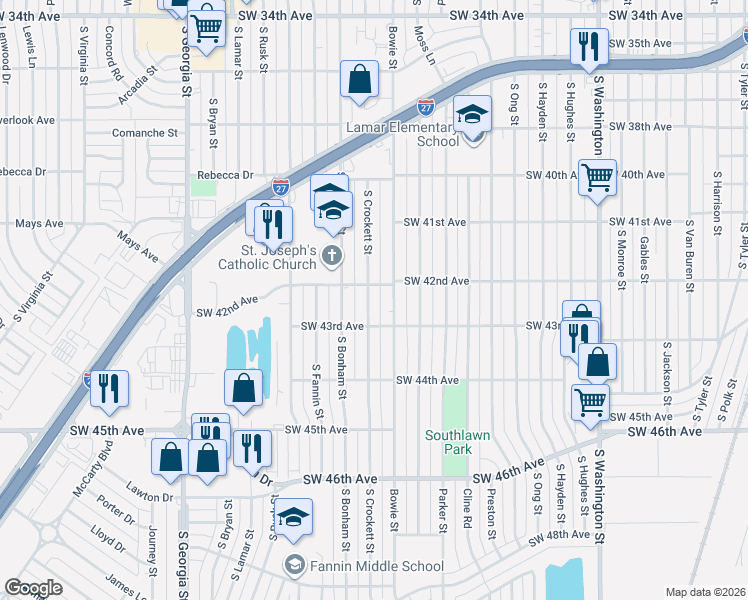 map of restaurants, bars, coffee shops, grocery stores, and more near 4124 Bowie Street in Amarillo