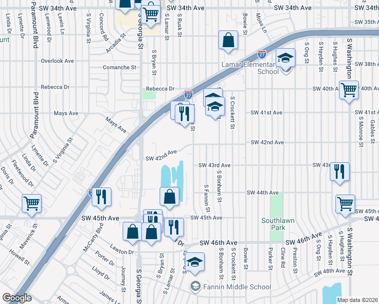 map of restaurants, bars, coffee shops, grocery stores, and more near 4201 South Austin Street in Amarillo
